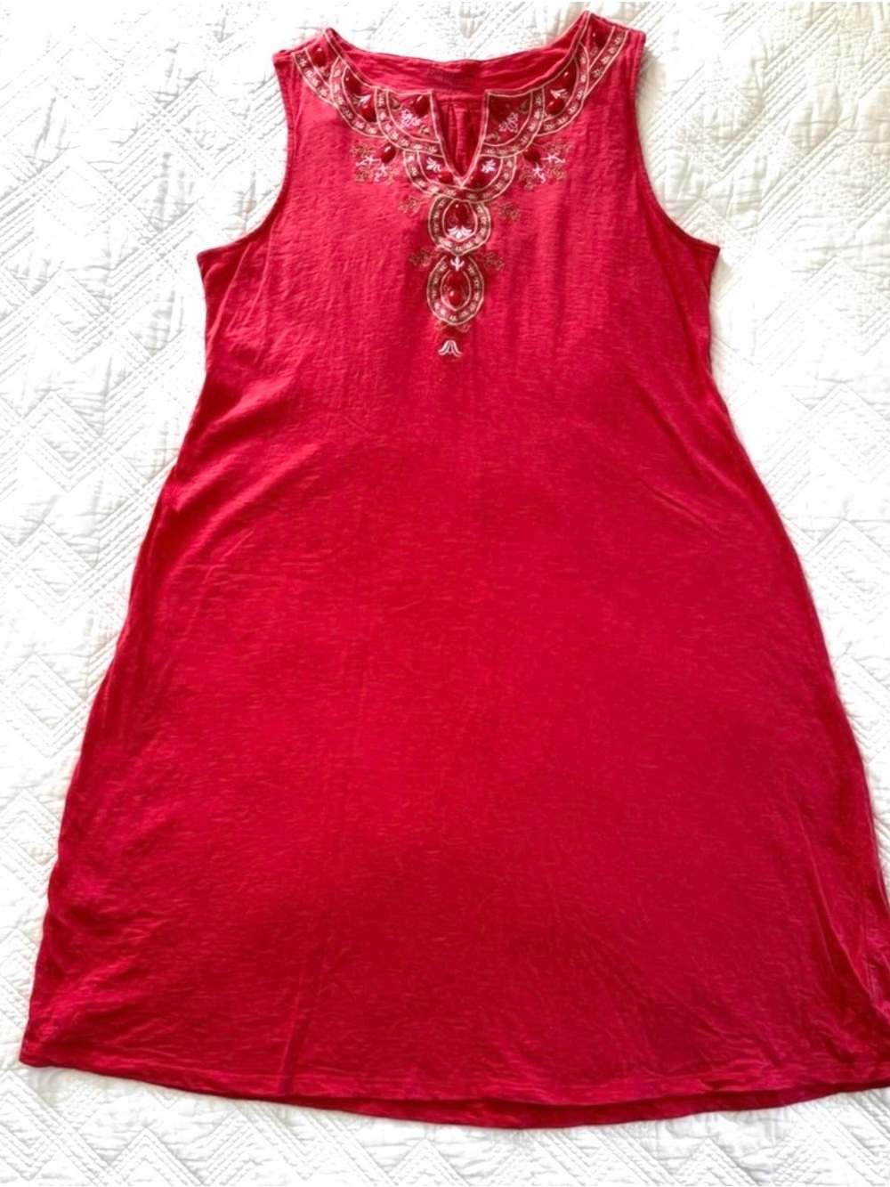 Charter Club Cotton Embroidered Cabochon Detail Coral Sleeveless Dress Medium